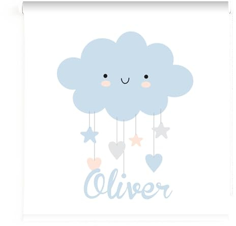 Estor Infantil Azul Personalizado con Nombre – Estor Infantil niño de Luna, Nubes y Estrellas – Cortina Enrollable Translúcida para Habitación de Bebé o Niño (40x60)