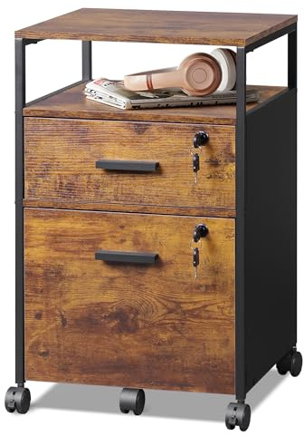 DEVAISE 2 Drawer Mobile File Cabinet, Filing Cabinet with Open Storage Shelf, Wood Lockable Under Desk Drawers fit A4 or Letter Size, Rustic Brown