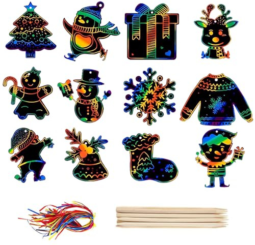 36 Stück Kratzbilder Weihnachten für Kinder, Kleine Regenbogen Weihnachts Kratzpapier zum Basteln, Scratch Paper mit Holzstiften und Bändern für Adventskalender füllung,mitgebsel Weihnachtsgeschenke