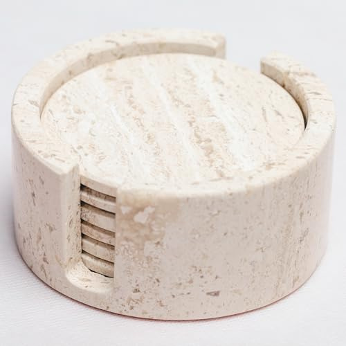 Piedra Viva Marmor Untersetzer Set mit Halter – 6 runde Getränkeuntersetzer aus Naturstein, Glasuntersetzer für Gläser & Tassen, rutschfest & hitzebeständig, stilvolle Tischdeko (Travertine)