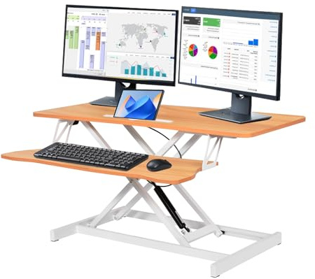 94cm/37 Steh-Sitz Schreibtischaufsatz Höhenverstellbar, Sitz Schreibtisch Mit Abnehmbarer Tastaturablage, Sitz Steh Höhenverstellbarer Schreibtischaufsatz Mit 17KG Belastbarkeit (Helles Rustikalbraun)