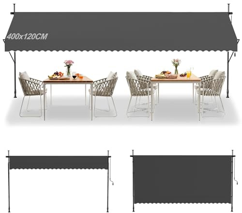 Suusolny Klemmmarkise ohne Bohren mit Handkurbel Balkonmarkise UV-Schutz Markise höhenverstellbar Sonnenschutz wasserabweisend für Balkon Terrasse Garten - Dunkelgrau - 400x120cm