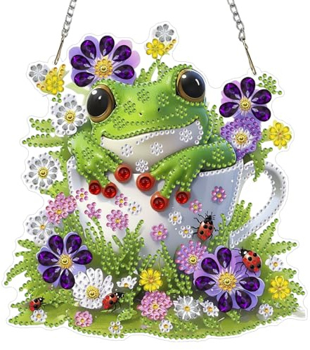 AIRDEA Frosch in Tasse Diamond Painting Fensterbilder, 5D Brillante Blumen Marienkäfer Diamond Painting Fensterbilder Beidseitig, Bausätze für Diamantmalerei Suncatcher Erwachsene