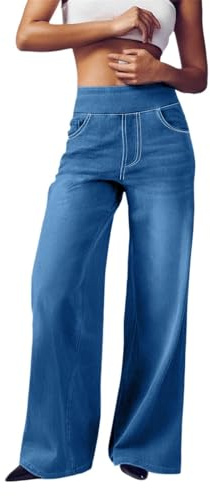 Elastiska raka ben jeans för kvinnor UK hög midja säckiga jeans magisk formande magkontroll stretchbyxor push-up rumplyft denimbyxor avslappnad passform damer breda ben byxor, Mörkblått, XXL