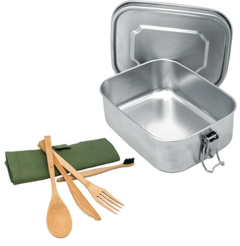 NERTHUS FIH 1653 – Lunch Box en Acier Inoxydable 800 ml + Set de Couverts en Bambou avec Étui, Hermétique, Réutilisable et Écologique, Idéal pour Travail, École, Voyage et Pique-nique