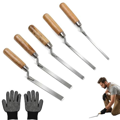 Fugenkelle, 5 Stück Fugenkelle Set(Breite 6/8/10/12/15mm) | Fugenkellen Mit Holzgriff mit 1 Paar Handschuhe für Pointing Mortar Tiling Tools Zement und Verfugungswerkzeug Fugenspachtel