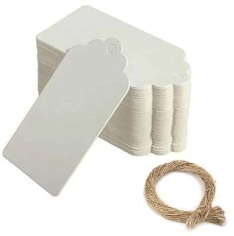 100 etichette regalo in carta kraft con cordoncino, etichette di carta fai da te, etichette decorative per regali di nozze (9,5 x 4,5 cm, bianco)
