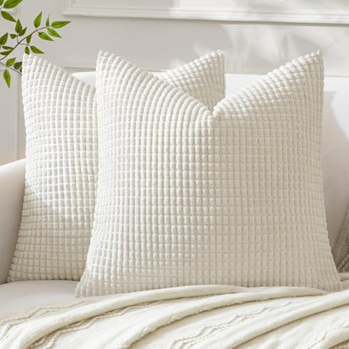 MIULEE 2er Set Kordsamt Soft Solid Dekorative Quadrat Wurf Kissenbezüge Set Kissen Fall für Sofa Schlafzimmer 18 x 18 inch 45 x 45 cm, Weiß