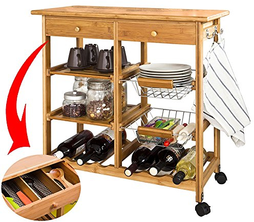 BAKAJI Carrello da Cucina in Legno di Bambù con Ripiano Tagliere Cassetti Portaposate Porta Capsule Caffè Portabottiglie Ceste Portafrutta in Metallo Mensole estraibili e 4 Ruote Girevoli