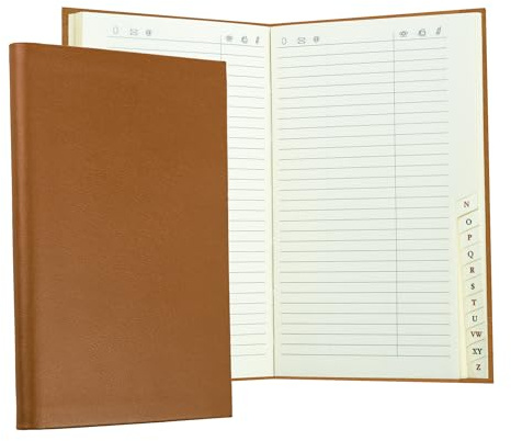 DELMON VARONE - Personalisierbares Adressbuch Pocket Format gebunden mit A-Z Register Boxcalf Leder braun - Telefonbuch klein mit Softcover Einband & alphabetischem Telefonregister