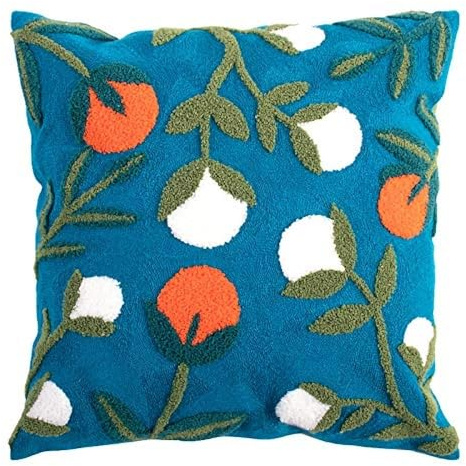 MOCOFO Canvas Embroidered Flower Pillow Case Spring Embroidery Craft Modern Simple Throw Pillow Cover for Sofa,Bedroom,Office (Wild Fruit, 18x18’’)
