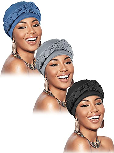 3 Pcs African Turban for Women Beanie Cancer Chemo Head Wraps Pre-Tied Twisted Turbans Head Scarf for Hair Wraps Cover(Black, Gray, Light Blue,Popular Style)