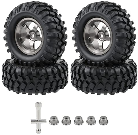 Rowiz 4PCS 1.9 Tires and Wheels Set, 12mm Hex for 1/10 RC Crawler, 96mm OD Aluminum Rims with Lock Nuts & Wrench