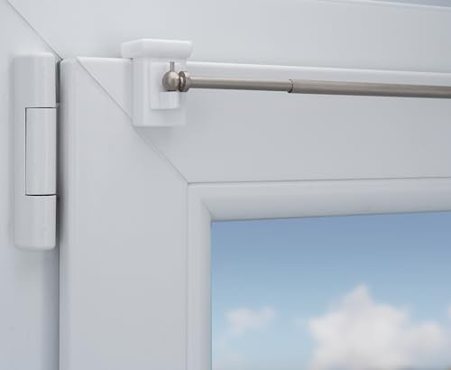Gardinenstange Vaganz, nickel matt - Edelstahloptik, ausziehbar, Halt ohne Bohren und ohne Kleben, inkl. Fensterhaken in weiß für einen Klemmbereich 10-27 mm (weiß, 60-80 cm ausziehbar)