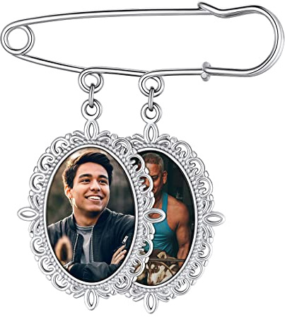 Custom4U Personalisierte Damen Brosche mit 2x Fotoanhänger mit Bild Memorial Anhänger Brautstrauß Silber Anstecknadel Hochzeit Oval Brosche Anstecker für Hochzeitsblumen Hochzeitsbouquet Pin