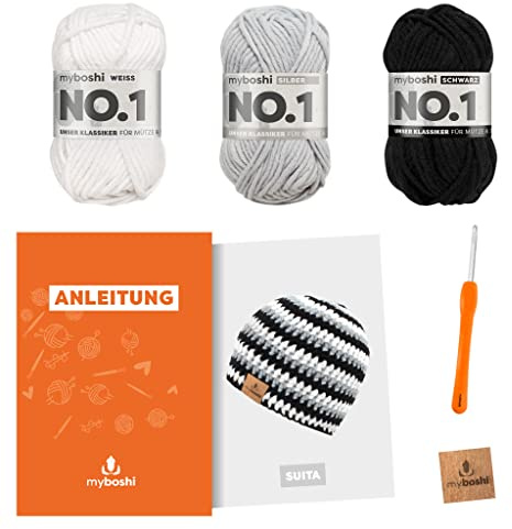 myboshi Häkelset Mütze Suita für Anfänger, inkl. No.1 Wolle, Nadel und Anleitung, original Label, Häkelpaket, 30% Merinowolle Weiß, Grau, Schwarz, mit Häkelnadel