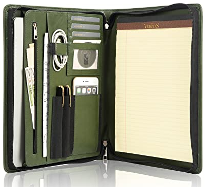 Calfinder Kostenlose Namensgravur Schreibmappe Konferenzmappe Veganes Leder A4 Aktenordner mit Reißverschluss Damen Rosa Padfolio Individuell Grün