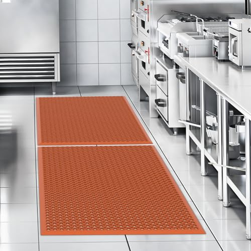 ROVSUN 2-Pack Rubber Floor Mat with Holes, 150x60cm Anti-Fatigue/Non-Slip Drainage Mat, for Industrial Kitchen Restaurant Bar Bathroom Utility Garage Pool Entry Door Mat, Indoor/Outdoor Cushion