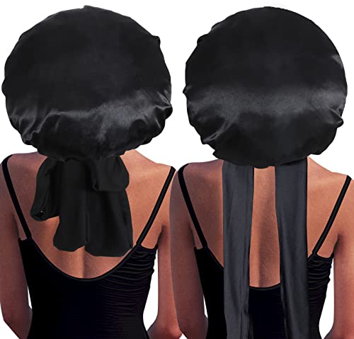 Aosmeol 2 Stück Satin Schlafhaube,Große Satin Bonnet,Satin Schlafmütze verstellbare Schlafhaube mit Bindeband für Damen Frauen, gelockt,langes Haar (Schwarz+Schwarz)