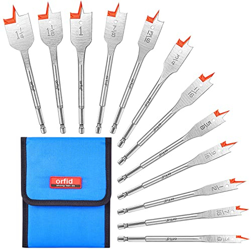 12 Pcs Spade Drill Bit Set - Carbon Steel Paddle Flat Bit with Quick Change Shank for Hole Cutter Woodworking,Portable Nylon Storage Pouch Included
