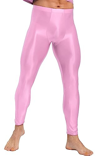 Agoky Pantalon Serré Brillant Huile Homme Caleçon Long Poche De Renflement Legging Élastique Collant Pantyhose De Gym Danse Sport Rose XL