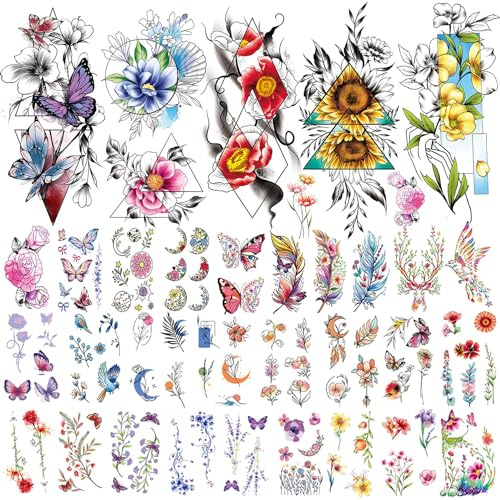Acevegue 79 Hojas Tatuajes Temporales para Mujer, 3D Flores Geométricas Realistas Tatuajes Falsos, Tatuaje Calcomanias para Decoración de Fiestas