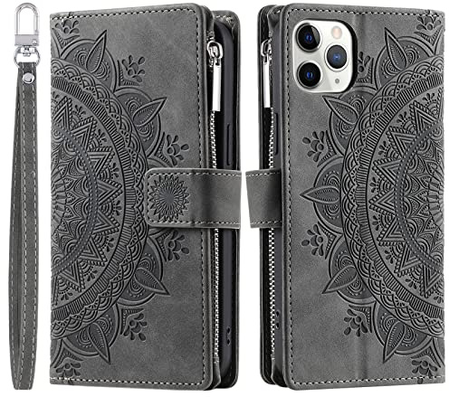 VEEMOS Handyhülle für iPhone 11 Pro hülle Klappbar Blumen Handytasche Schutzhülle Klapphülle mit Kartenfach Handy Tasche Book Cover Flip Case Ständer - Grau