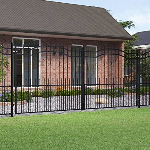 ADWOA Fence Gate with Spear Black 406x223 cm Powder-coated Steel,Garden Gates High galvanised wrought iron metal swing gate