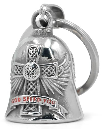 Motorrad Zubehör Glocke Motorrad Schlüsselanhänger: Motorrad Deko Glocke Personalisierte Motorrad Klingel Fahrradzubehör Gott schütze dich Glücksgeschenk, Viel Glück für Freunde Familie Paare, Silber