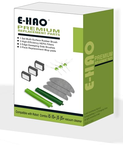 E-HAO Vacuum Replacement Parts for iRobot Roomba Combo i3, i3+, i5, i5+, i8, i8+, j5, j5+ models, 1 set Rubber Roller, 3 Reusable Mopping Pads, 3 HEPA Filters and 3 Edge-Sweeping Brushes