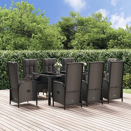 Homgoday Set da pranzo da giardino 9 pezzi e cuscini in rattan sintetico nero grigio, sedia tavolo cucina esterno terrazza patio balcone mobili tipo 8 set da giardino