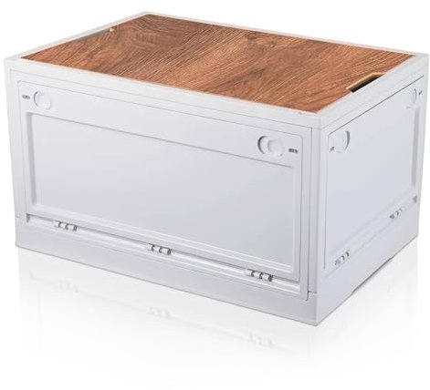 Froppi 70L Plastic Storage Box with Lid | Large Camping Storage Box | Collapsible Car Boot Organiser | Wooden Board Lid | Cream White L62 W42 H35.2 cm