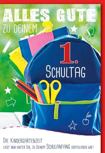 Einschulungskarte für Kinder Fröhlich - Bunte Glückwünsche zum Schulstart - Klappkarte mit Umschlag Karte Einschulung für Eltern