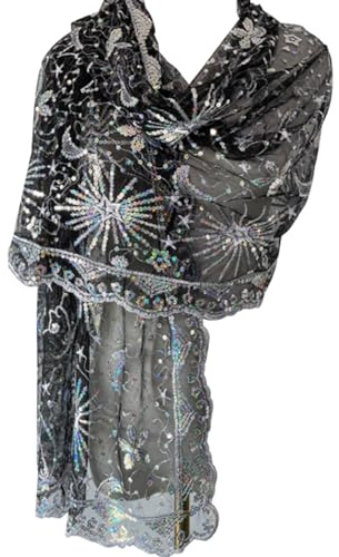 Xvbhaq Cape Damen, Pailletten, Spitze, Pashminas, Stickerei, Stola für Reise, Festlich, Abendkleid, Braut Hochzeit (Schwarz Silber)