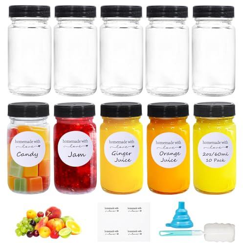 Amentalove 10 Stück Shot Flaschen zum Befüllen, 2oz /60ml Kleine Glasflaschen mit Breitem Mund,Ingwer Shot Flaschen mit Deckel,Mehrweg Kleine Glasflaschen zum Befüllen für Saft Ingwer Smoothie Schnaps