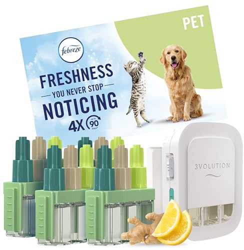 Febreze 3Volution Air Freshener Plug in Starter Kit Pet (Plug + 4 Refills) 4x20ML, 3 Alternating Scents to Fight Odours