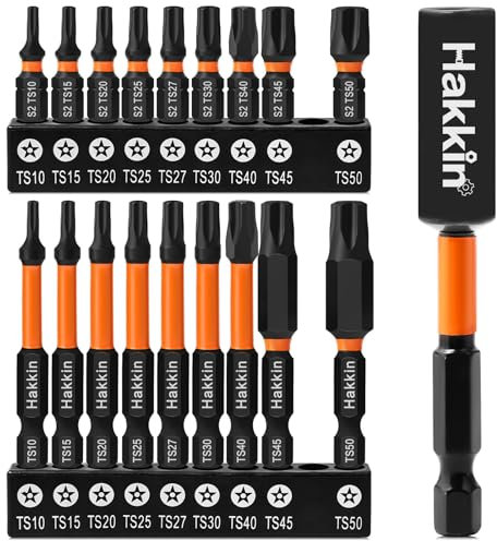 5 Point Torx Screwdriver Bit Set Hakkin 19Pcs Magnetic Torx Security Bit 1/4” Hex Shank torx Head Screw Driver bit Set 60mm 25mm T10 T15 T20 T25 T27 T30 T40 T45 T50 with 1pcs Bit Extension Holder