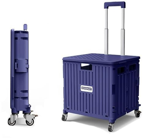 Carrello portatile pieghevole in plastica da 45 l, con coperchio sicuro, carrello della spesa su ruote, per giardino, traslochi, carriola multiuso (blu)
