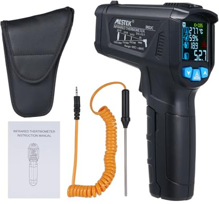 Infrarot-Thermometer, berührungsloser digitaler Handtemperaturtester mit LCD-Farbdisplay zum Kochen, Heimreparaturen, Feuchtigkeitsmessung, einstellbarer Emissionsgrad -50–800 °C (58–1472 °F)