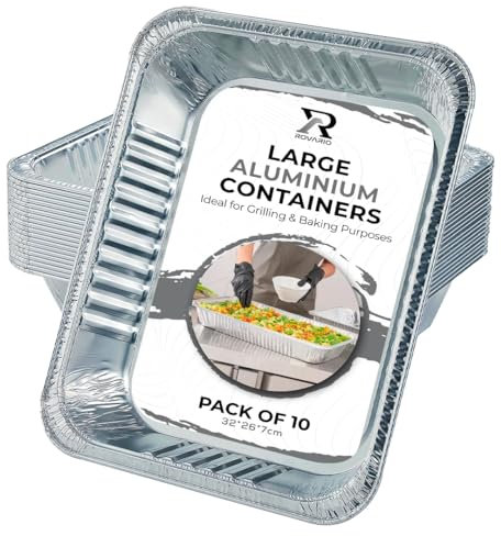 ROVARIO 10 Pack Large Aluminium Foil Trays Deep (3500ml) - Tin Foil Food Containers for Cooking, Baking, Roasting, and BBQ (32x26x7)