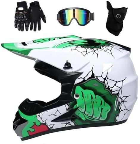 Jeunesse Enfants Intégral Casque de Motocross, avec Lunettes Gants Masque, Unisexe Mode Hors Route Courses Moto Karting Casques, Descente Enduro BMX MTB VTT Dirt Bike Casque(DD,S/52-53CM)