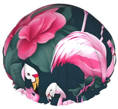 Duschhaube mit Flamingo-Blumendruck – wiederverwendbare Badehaarkappe, doppellagig, verstellbares Gummiband, langlebiges Reisezubehör