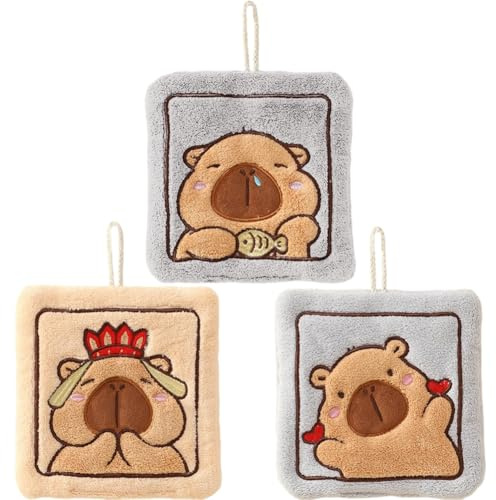 3pcs Kids Capybara Hand Towels, Microfiber Absorbent Towels Cute Animals Hand Towels Quick Dry Hanging Washcloths for Kitchen or Bathroom