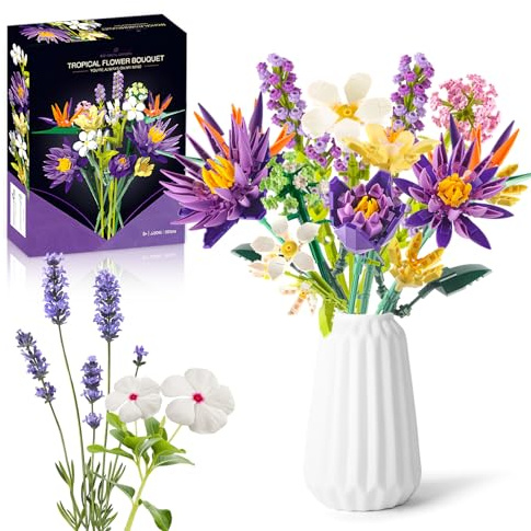 Flowers Building Blocks Set, DIY Purple Botanicals Bouquet Lily, 13 Collection Building Kit, Gifts for Mother’s Day/Anniversaries/Birthday/Decor, Artificial Flowers for Adults Women Mum Wife Kids 8+