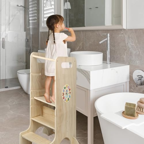 5 in 1 Montessori Lernturm – Hocker aus Holz – Tritthocker für Kinder mit 4 Stufen – sicherer Beobachtungsturm – Montessori Trittleiter ab 1 Jahr (Primärfarbe)