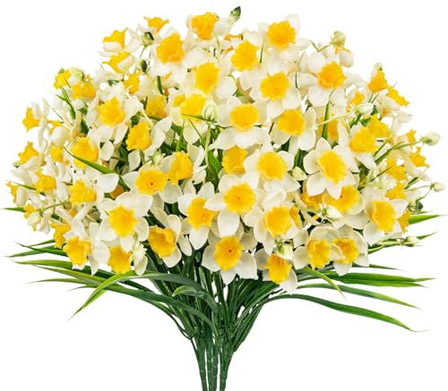 Hollyone 6 bouquet di narcisi artificiali bianchi, fiori finti decorativi da 36 cm, fiori finti in seta primaverile per la decorazione della casa, soggiorno, composizione floreale, bagno, cucina