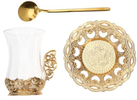 BAZEITFLOW Tazas de Vidrio para Café y Leche con Diseño Vintage Incluye Cuchara y Plato Ergonómicas y Fáciles de Limpiar para Té y Café Casa o Restaurante