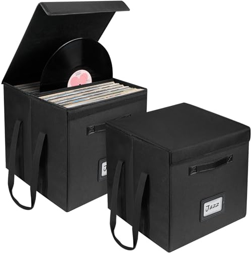 Uniclife 2 Stück Vinyl-Platten-Speicherbox mit Deckel und Griffen | Kollabierbare, spritzfeste Album-Speicherbox für 80 Einzelschallplatten (30 cm), Schwarz, 33 × 33 × 33 cm