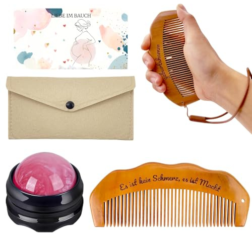 Geburtskamm und Massageball Set, Wehenkamm für Schwangere Frauen, Arbeitskamm Holz mit Stoffbeutel, Schwangerschaft Geschenk für Werdende Mutter, Holzkamm Entbindungsutensilien, Gegen Wehenschmerzen