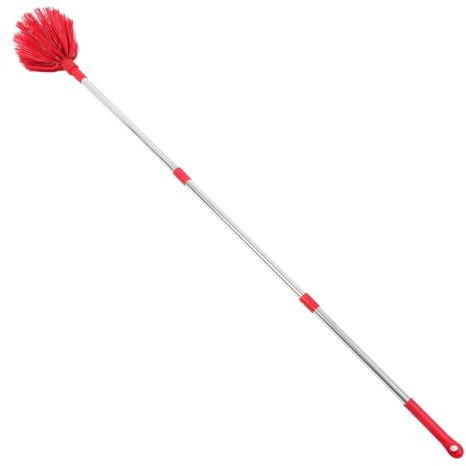 SHERCHPRY Cepillo Quitatelarañas con Pértiga Extensible de 1,4 M, Cerdas Duras para Limpieza de Techos y Exteriores, Mango Rojo Resistente, Plumero para Telarañas y Polvo, Adecuado